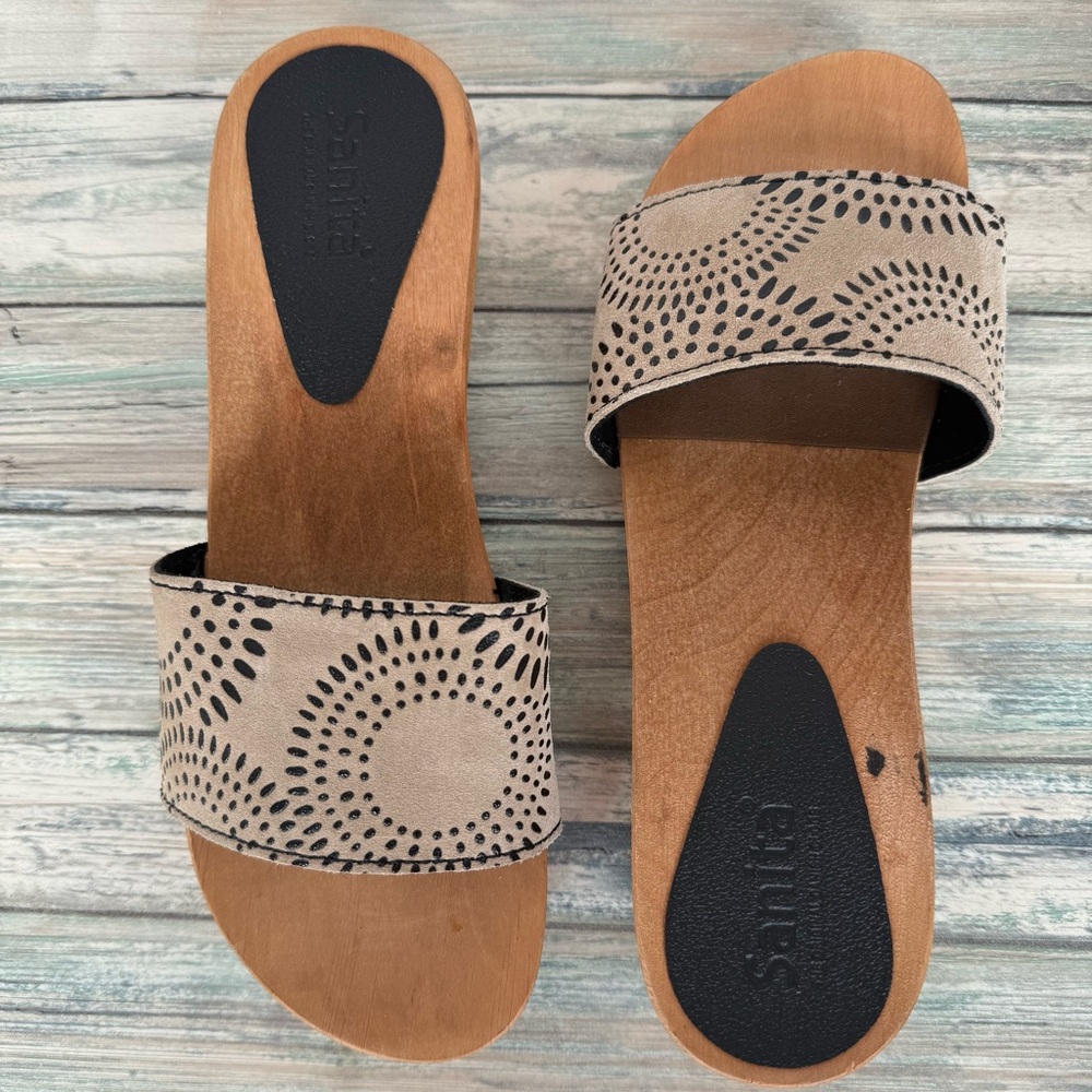 Sanita Suede Open Toe Slide Heeled Clog Sandals Sz 8 Brown/Tan